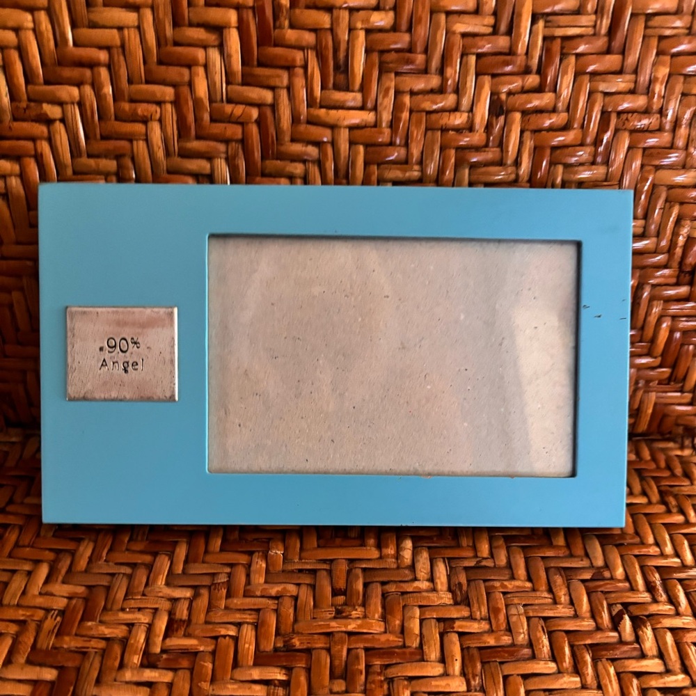 Like New Teal Blue Picture Frame with Pewter “90% Angel' Detail -Holds 4x6 Photo